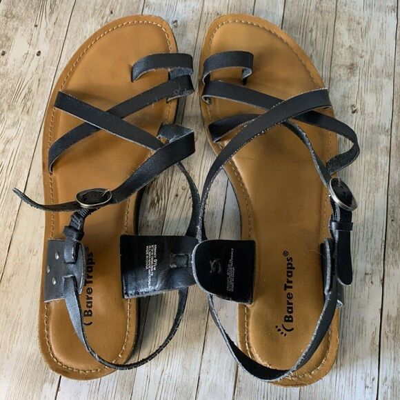 Bare Traps Ramsey Black Faux Leather Split Toe Flat Sandals,  9.5 M - Picture 5 of 6